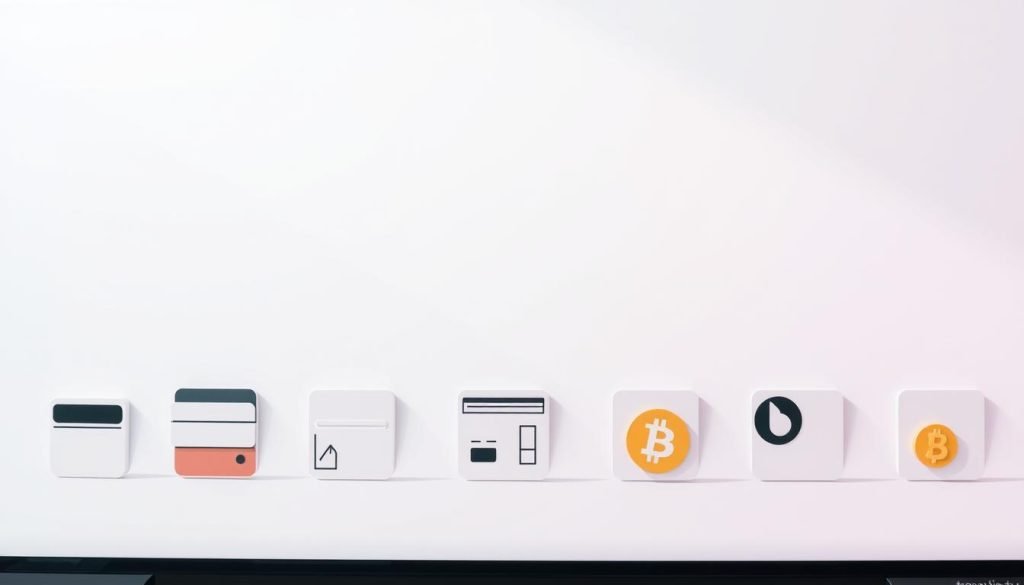 A sleek and modern payment methods display for "trex iptv", showcasing various digital payment options. The foreground features neatly arranged icons representing credit/debit cards, digital wallets, and cryptocurrency payments, all in a minimalist style. The middle ground depicts a clean, white background with subtle textured elements, creating a professional and trustworthy atmosphere. The background gently fades into a soft, gradient-based color scheme, complementing the overall aesthetic. Lighting is soft and diffused, casting natural shadows and highlights to accentuate the design. The camera angle is slightly elevated, offering a comprehensive view of the payment options available for "trex iptv" users.