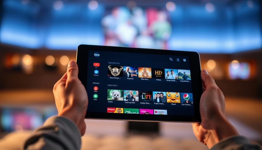 A sleek and modern tablet displays the trex iptv interface, showcasing a grid of high-definition TV channels. The screen is bathed in a warm, soft lighting, creating a cozy and inviting atmosphere. The tablet is held in the hands of a person, suggesting the portability and convenience of IPTV on the go. The background is blurred, focusing the viewer's attention on the tablet and the crisp, vibrant images of the TV channels. The overall scene conveys a sense of seamless entertainment and the ability to access a wide variety of content from the comfort of one's fingertips.