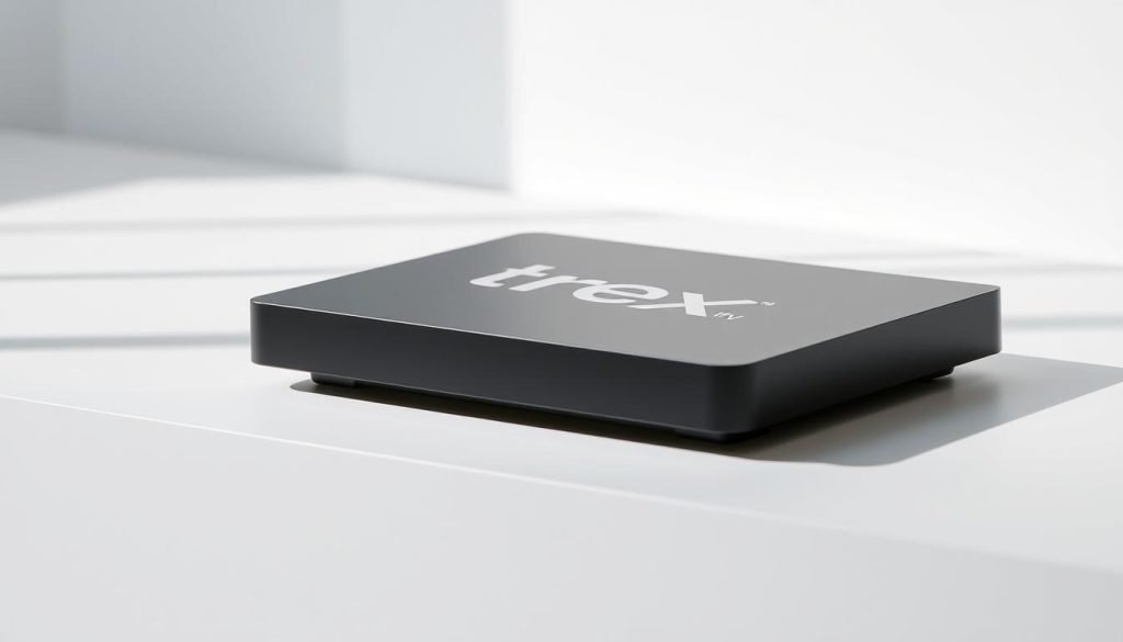 A sleek and modern trex iptv device resting on a minimalist white surface, its clean lines and matte black finish conveying a sense of high-tech sophistication. The device is framed by a crisp, well-lit environment, with soft shadows casting a subtle depth and dimensionality. The lighting is carefully balanced, creating a warm, inviting atmosphere that highlights the device's key features and compatibility with various media platforms. The overall composition is visually striking and effectively communicates the versatility and capabilities of the trex iptv device.