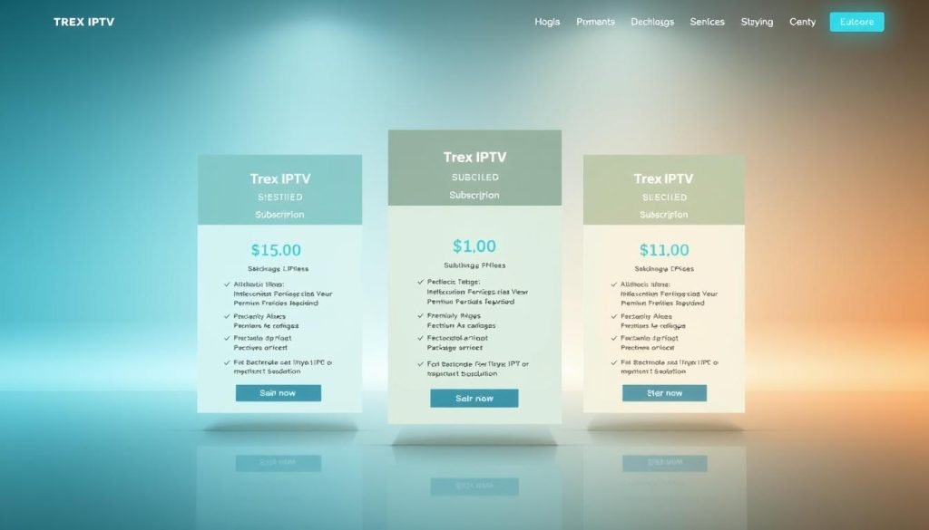 A sleek and modern website interface showcasing the subscription plans for Trex IPTV, a premium IPTV service. The foreground features three well-defined plan cards with clear pricing, features, and package details. The middle ground has a subtle background pattern or texture, complementing the overall design. The background is a clean, minimalist space with soft, even lighting, allowing the plan details to be the focal point. The color scheme uses a palette of cool, professional tones that convey reliability and trustworthiness. The overall composition is balanced, visually appealing, and effectively communicates the key information about Trex IPTV's subscription offerings.