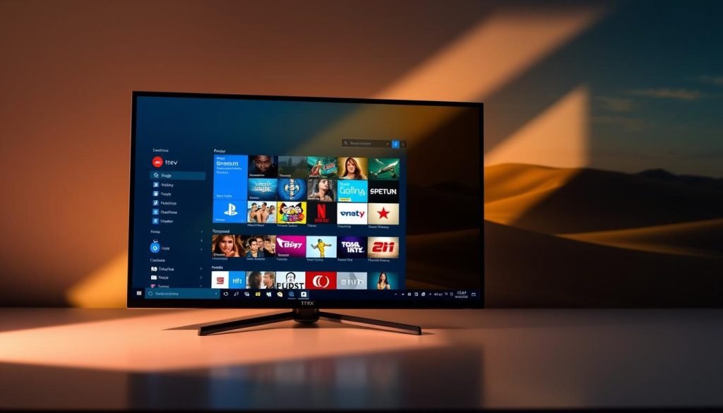 A sleek, modern Windows desktop with a vibrant IPTV app prominently displayed, showcasing the "trex iptv" brand. The app features a clean, intuitive interface with a vast selection of live TV channels and on-demand content. Soft, directional lighting illuminates the scene, creating a warm, inviting atmosphere. The desktop background depicts a serene, natural landscape, complementing the technological focus of the foreground. The overall composition conveys the ease and accessibility of accessing a wide range of entertainment options through the "trex iptv" application on a Windows platform.