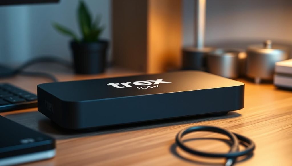 A sleek, modern device with the "trex iptv" logo prominently displayed on its matte black surface. The device sits atop a minimalist, wood-grain desk, illuminated by soft, diffused lighting from an unseen source. In the foreground, a cable snakes out, representing the device's VPN-friendly connectivity. The background is blurred, hinting at a cozy, home office environment, conveying a sense of reliable, secure streaming freedom. The composition is clean, balanced, and evocative of the subject's purpose - to provide a hassle-free, VPN-integrated IPTV experience.