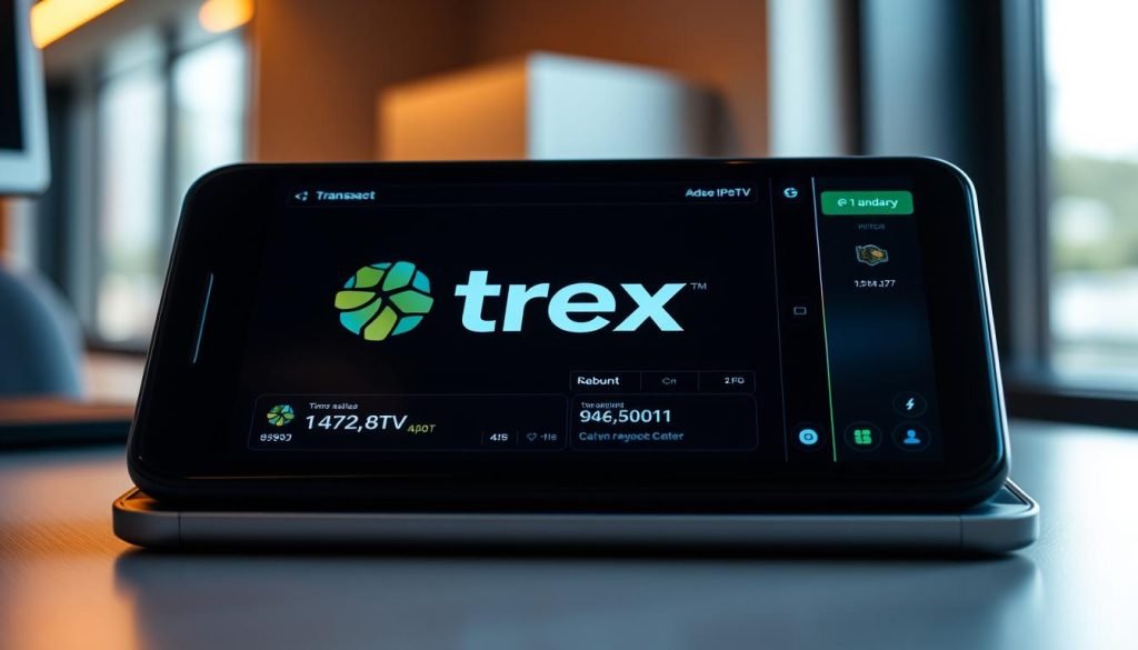 A sleek, modern digital wallet interface displaying the "trex iptv" logo prominently. The screen shows transaction details, wallet balance, and smooth animations as funds are transferred between accounts. Warm, soft lighting illuminates the translucent glass-like display, creating a sense of sophistication and technical prowess. The wallet is positioned on a minimalist desk surface, with a subtly blurred background hinting at a professional, corporate environment. The overall atmosphere conveys trust, security, and a seamless user experience for managing "trex iptv" finances.