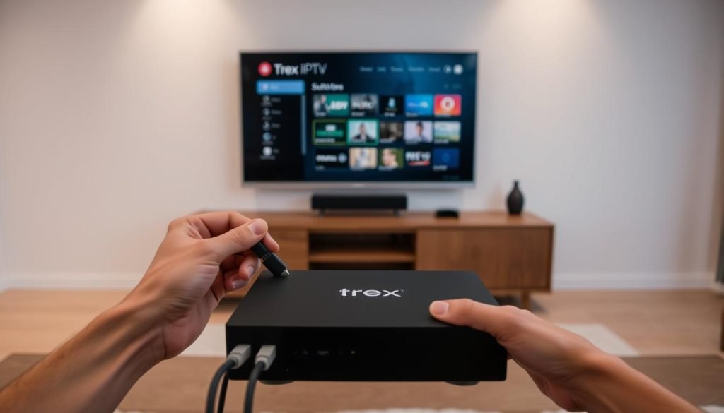 A sleek, modern home entertainment setup showcases the trex iptv installation process. In the foreground, a user's hands deftly connect cables and configure the trex iptv box, its angular design and subtle branding evident. The middle ground features a high-definition television displaying the trex iptv interface, its intuitive menu system guiding the user through the setup. In the background, a minimalist living room setting with clean lines and soft, warm lighting creates an inviting atmosphere, reflecting the ease and simplicity of the trex iptv installation experience.