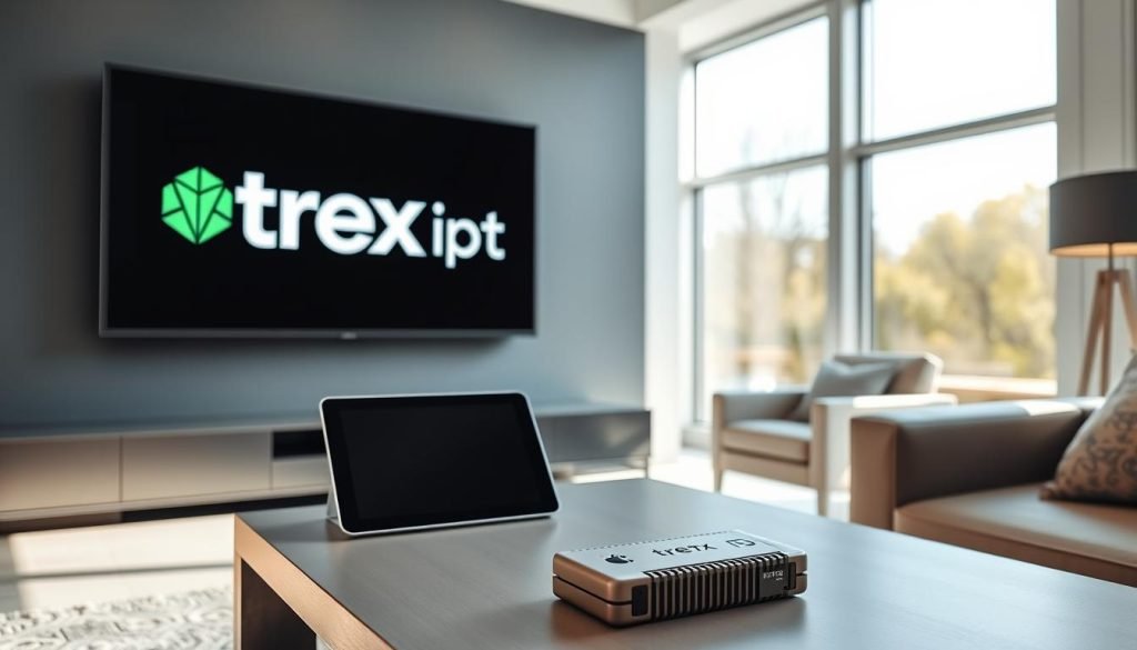 A sleek, modern living room with a wall-mounted television displaying the "trex iptv" logo. In the foreground, a minimalist coffee table holds a tablet and a cryptocurrency hardware wallet, hinting at the integration of blockchain technology. The middle ground features a comfortable sofa and armchair, creating a cozy setting for enjoying the crypto-friendly IPTV service. The background showcases large windows, allowing natural light to flow in and create a warm, inviting atmosphere. The overall scene conveys a sense of technological sophistication and seamless integration of digital entertainment and financial tools.