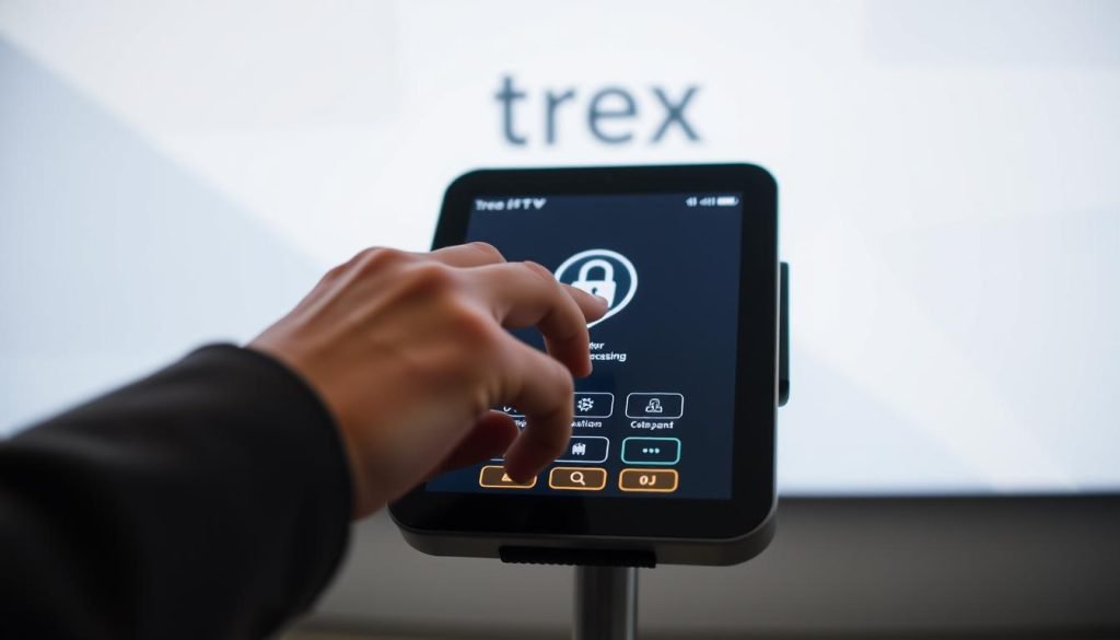A sleek, modern payment processing interface for the trex iptv platform. In the foreground, a user's hands tap on a touch screen device, initiating a secure transaction. The background showcases a clean, minimal design with geometric shapes and muted colors, conveying a sense of trust and reliability. Soft, diffused lighting creates a calming atmosphere, while the camera angle captures the scene from a slightly elevated perspective, emphasizing the user's interaction with the system. The overall composition highlights the seamless and efficient nature of the trex iptv payment processing experience.