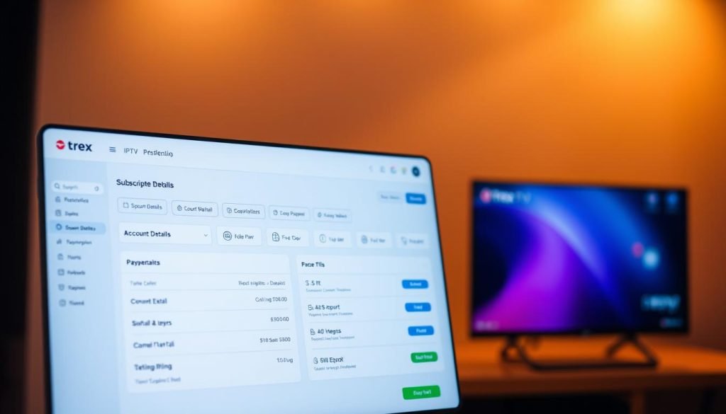 A sleek, modern user interface for managing a "trex iptv" subscription. In the foreground, a minimalist dashboard showcases subscription details, plan options, and payment information. The middle ground features intuitive controls for updating account details, changing plans, and managing billing. In the background, a soft gradient creates a sense of depth and sophistication. Warm lighting casts a subtle glow, emphasizing the clean, responsive design. The overall atmosphere evokes a seamless, user-friendly experience for managing one's "trex iptv" subscription.