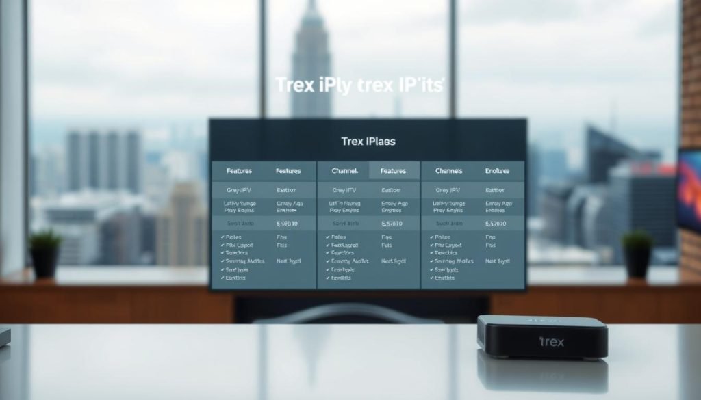 A sophisticated comparison of affordable IPTV plans, showcasing the details of the Trex IPTV offerings. The foreground features neatly organized plan tiers, each with clearly delineated features, channels, and pricing. The middle ground displays a sleek, minimalist interface, allowing easy plan selection and enrollment. In the background, a blurred cityscape suggests the global reach and accessibility of the Trex IPTV service. Soft lighting and a cool color palette create a professional, trustworthy atmosphere, inviting the viewer to explore the Trex IPTV options. The image conveys the comprehensive nature of the Trex IPTV plans, empowering the reader to make an informed decision.