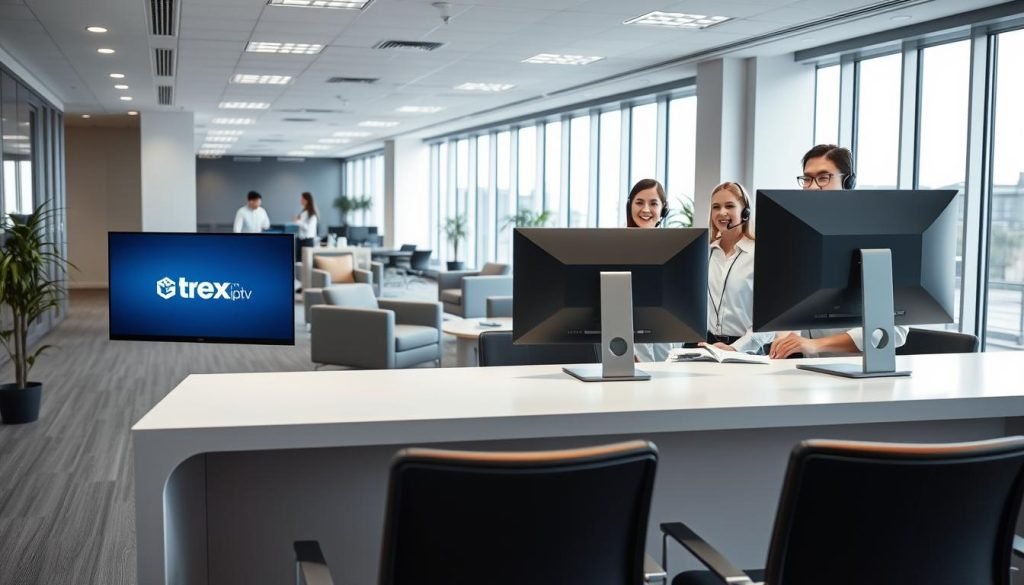 A spacious, well-lit office interior, with a modern, minimalist design. In the foreground, a sleek, white desk with a state-of-the-art computer setup, including a large monitor displaying the "trex iptv" logo. Behind the desk, a team of friendly, attentive customer service representatives wearing headsets and smiling, ready to assist customers with any inquiries or concerns. The middle ground features a relaxed seating area with comfortable armchairs and a coffee table, creating a welcoming atmosphere. The background showcases floor-to-ceiling windows, allowing natural light to flood the space and provide a pleasant, airy ambiance. The overall scene conveys a sense of professionalism, efficiency, and a commitment to delivering exceptional customer support for "trex iptv" subscribers.