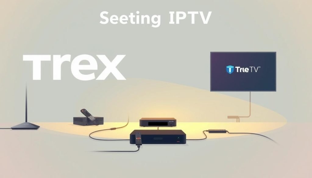 A stylized illustration of a "Trex IPTV" setup guide, showcasing a modern, minimalist design aesthetic. The image features a clean, well-organized layout with a central device, likely a streaming device or set-top box, surrounded by various connectivity elements such as cables, remotes, and network components. The foreground is bathed in a warm, inviting lighting, while the background is a subtle, gradient-based color scheme that complements the overall branding and visual identity of "Trex IPTV". The entire scene conveys a sense of simplicity, user-friendliness, and technical proficiency, perfectly aligning with the subject matter of the "Setting Up Trex IPTV" section.