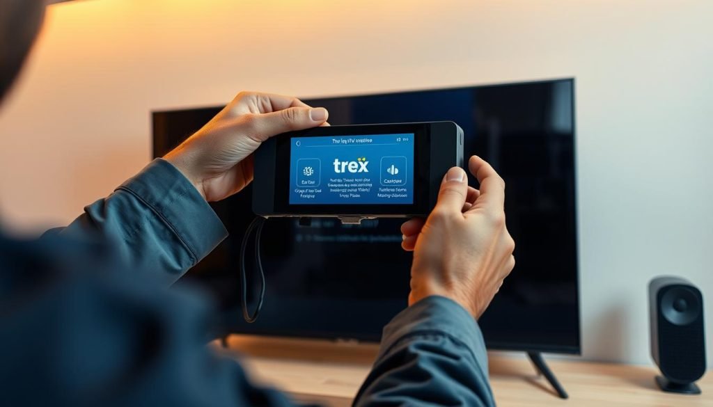 A technician's hands carefully installing a "trex iptv" device on a sleek television. The setup process is meticulously detailed, with cables neatly organized and a step-by-step interface guiding the user. Warm lighting illuminates the scene, creating a sense of focus and professionalism. The background features a minimalist home entertainment setup, emphasizing the seamless integration of the "trex iptv" system. The overall atmosphere conveys the ease and reliability of the installation, showcasing the device's user-friendly design for an optimal Arabic IPTV experience.