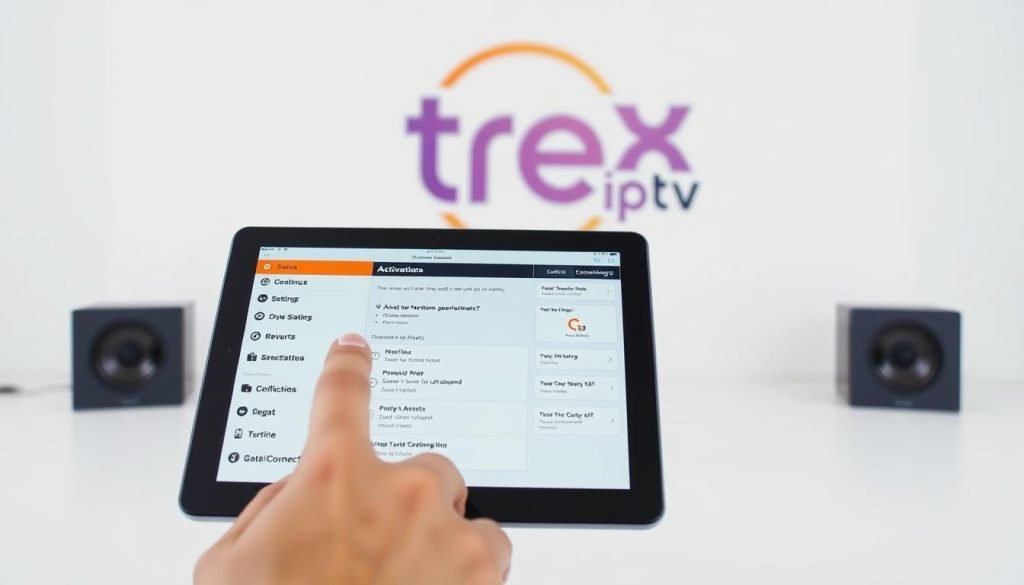 A vibrant and informative image depicting the troubleshooting process for activating a "trex iptv" account. In the foreground, a user's hand navigates through a sleek, modern interface on a tablet device, exploring the various menu options and settings. The middle ground showcases an array of technical details, including network connections, server status indicators, and step-by-step instructions. In the background, a clean and minimalist workspace sets the stage, with a stylized "trex iptv" logo prominently displayed, conveying the brand identity. The overall scene exudes a sense of professionalism and problem-solving, perfectly suited for the "Frequently Asked Questions (FAQs)" section of the article.