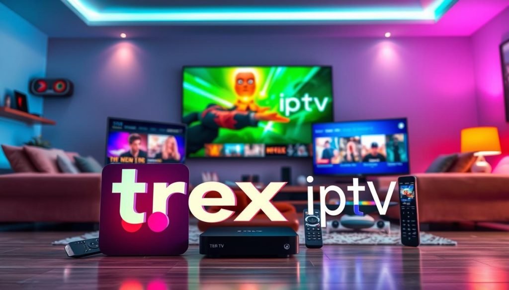 A vibrant, high-resolution image showcasing the "trex iptv" services. The foreground features the trex iptv logo prominently displayed, crafted with a sleek, modern design and vivid colors. In the middle ground, various streaming devices such as smart TVs, set-top boxes, and mobile devices are depicted, each displaying the trex iptv interface and a diverse selection of content. The background depicts a lively, cinematic living room setting, with comfortable furniture, vibrant lighting, and a large, immersive screen showcasing the breadth of entertainment options available through the trex iptv platform. The overall scene conveys a sense of convenience, accessibility, and the vast array of content at the user's fingertips when choosing trex iptv services.