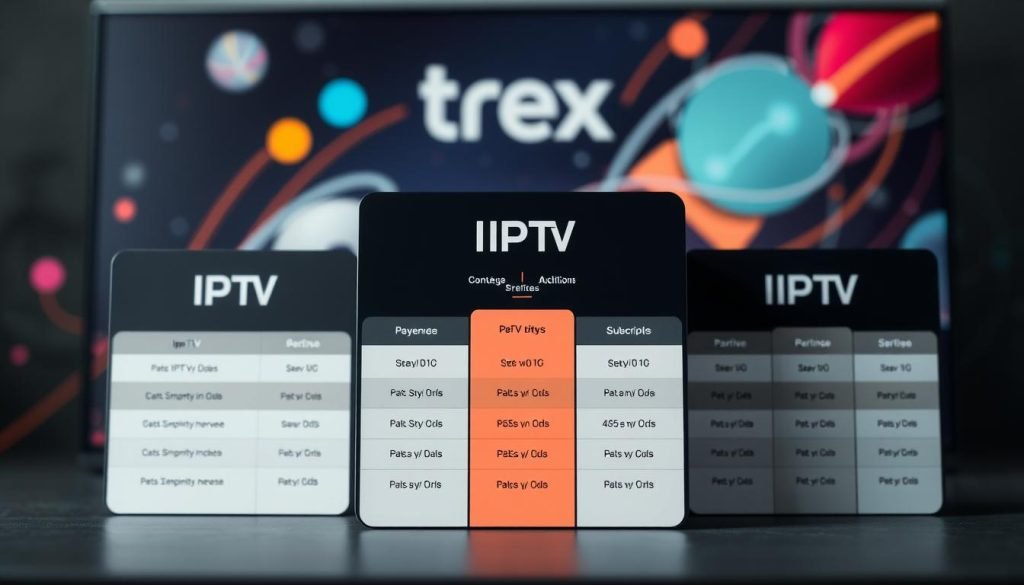 A visually striking and well-composed image of IPTV pricing packages, showcasing the flexible payment options of the trex iptv service. The foreground features a sleek, minimalist display of various IPTV subscription tiers, with clean typography and bold colors to highlight the pricing details. The middle ground transitions to a stylized background, blending digital elements like abstract shapes, color gradients, and subtle line patterns to create a modern, tech-inspired aesthetic. Soft, diffused lighting and a shallow depth of field add depth and focus to the central pricing information, conveying a sense of premium quality and attention to detail. The overall mood is one of sophistication, accessibility, and a commitment to providing flexible streaming solutions to the viewer.