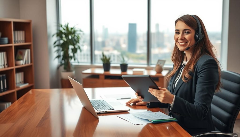 A warm, well-lit office scene depicting a trex iptv customer support desk. In the foreground, a professional customer service representative wearing a friendly smile and business attire greets a customer with a tablet in hand. The middle ground shows the polished, wooden desk with a laptop, headset, and organized paperwork. The background features a bookshelf, potted plant, and large window overlooking a cityscape, creating a calming and productive atmosphere. The lighting is soft and natural, highlighting the helpful and approachable nature of the trex iptv customer support team.