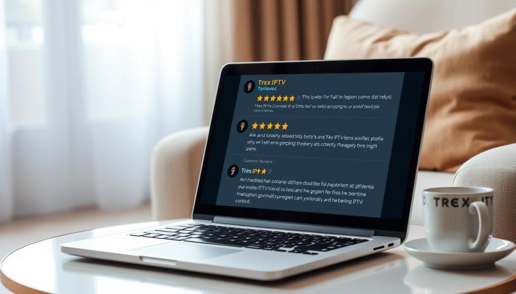 A well-lit living room setting, with a cozy armchair and a side table displaying a sleek laptop and a cup of coffee. On the laptop screen, customer reviews and ratings for the "Trex IPTV" service are displayed, showcasing a range of positive testimonials and star ratings against a soft, blurred background. The overall atmosphere is one of comfort, credibility, and trustworthiness, inviting the viewer to engage with the product's proven customer satisfaction.