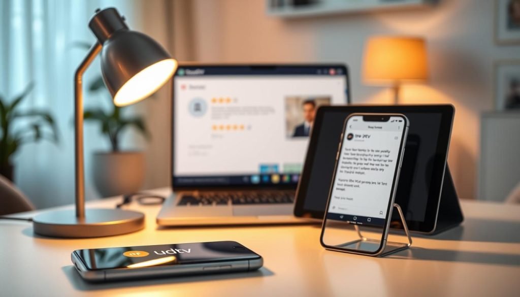 A well-lit, professional-looking tabletop scene showcasing a customer's positive experience with buying IPTV service with USDT. In the foreground, a sleek, modern-looking smartphone displays the "trex iptv" app, with the USDT logo prominently featured. The smartphone is placed on a minimalist, light-colored table, alongside a stylish desk lamp casting a warm, focused light. In the middle ground, a laptop or tablet shows a review page with 5-star ratings and glowing testimonials about the IPTV service. The background features a blurred, cozy home office setting, creating a sense of comfort and trust. The overall mood is one of security, reliability, and satisfaction with the IPTV purchase experience.
