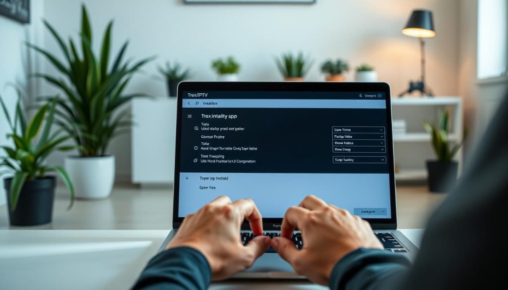 A well-lit, step-by-step tutorial on the installation process of trex iptv. A sleek, modern laptop with trex iptv app open, showcasing the user interface and setup flow. In the foreground, a person's hands carefully navigating the menus and settings. In the background, a clean, minimalist home office environment with potted plants and modern decor, conveying a sense of productivity and focus. The lighting is soft and natural, creating a calm, inviting atmosphere. The camera angle is slightly elevated, giving a clear, unobstructed view of the laptop screen and the person's actions. The overall tone is informative, accessible, and visually appealing, reflecting the high-quality nature of the trex iptv product.