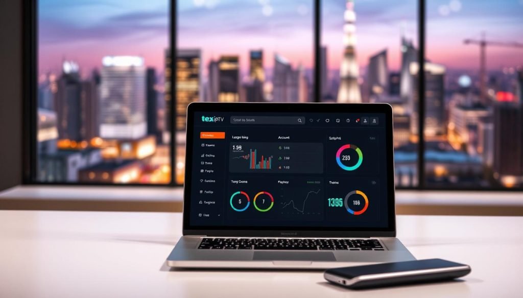A well-lit, studio-style interior scene featuring a modern, minimalist desk setup. On the desk, a laptop displays a sleek, intuitive user interface for the "trex iptv" service, showcasing detailed usage statistics and account information. The background features a blurred, out-of-focus view of a lively city skyline, conveying a sense of progress and technological advancement. The overall mood is one of professionalism, efficiency, and customer satisfaction.