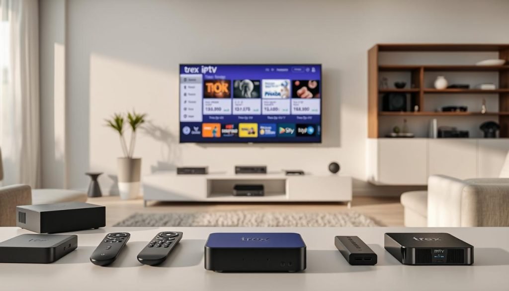 An elegant, minimalist composition showcasing "trex iptv" subscription deals. In the foreground, a sleek smart TV displays enticing IPTV packages with various tiers and price points, subtly highlighting the "trex iptv" branding. The middle ground features neatly arranged remote controls, streaming devices, and other accessories, conveying the comprehensive nature of the offerings. The background depicts a modern, well-lit living room setting, with clean lines and muted tones that create a sense of sophistication. The overall mood is one of refinement and professionalism, inviting the viewer to explore the "trex iptv" subscription deals presented.