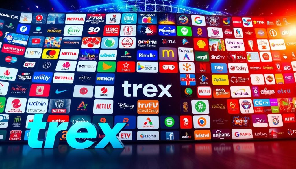 Cinematic wide-angle shot of a vibrant array of international television channel logos and icons arranged in a dynamic, eye-catching composition. Vivid colors, bold typography, and sleek modern design elements create a visually striking and immersive scene. The foreground features the prominent "trex iptv" brand logo, while the middle ground showcases a diverse selection of channel identities from around the world, including news, sports, entertainment, and cultural programming. The background subtly suggests a global network, with hints of geographical maps, satellite imagery, and digital interfaces. Dramatic lighting, with a balance of warm and cool tones, imbues the image with a sense of excitement and accessibility, reflecting the content variety and convenience of the trex iptv streaming service.
