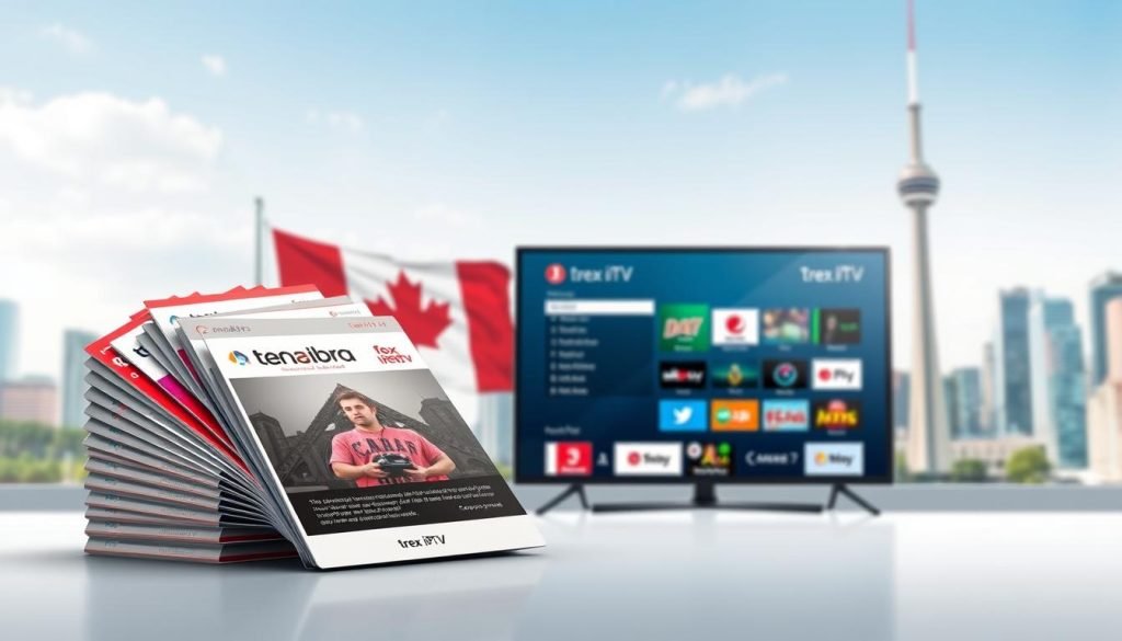 Detailed digital illustration of "trex iptv" packages for Canadian television channels. In the foreground, display a stack of colorful IPTV subscription cards with logos and content descriptions. In the middle ground, showcase a modern smart TV displaying the trex iptv user interface and channel guide. In the background, depict the Canadian national flag and iconic landmarks like the CN Tower. Use a clean, high-tech aesthetic with bright, vibrant colors and realistic lighting to convey the premium, reliable nature of the trex iptv service for Canadian expats and travelers.