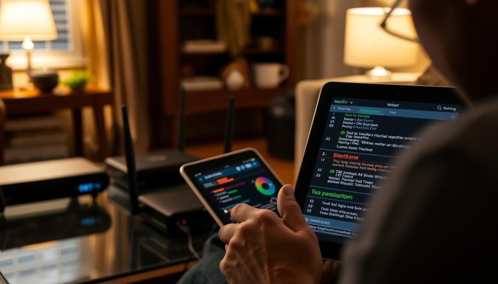 Detailed troubleshooting scene featuring the "trex iptv" brand. In the foreground, a person is intently studying a tablet displaying technical error codes and network diagnostics. The middle ground showcases an array of electronic devices - a modem, router, and streaming box - all interconnected. The background depicts a cozy home interior, with warm lighting and a sense of concentration. The overall mood is one of problem-solving, with a focus on understanding and resolving the technical issues at hand.