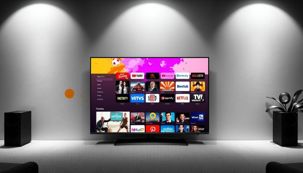 Discounted "trex iptv" service: a vibrant display of various IPTV channel options against a modern, minimalist backdrop. Sleek black and white tones with splashes of bold color highlight the diverse entertainment choices available. An ultra-high-definition screen showcases a variety of live news, sports, movies, and TV shows, enticing viewers to explore the endless possibilities of this discounted IPTV subscription. Soft, diffused lighting creates an inviting atmosphere, drawing the viewer's attention to the alluring, feature-rich "trex iptv" service.