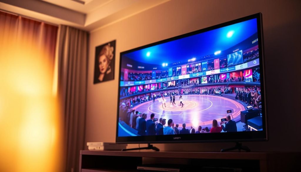 HD streaming on trex iptv with vibrant, realistic visuals. A sleek, modern television set displays a crystal-clear image, showcasing the high-quality video feed from the trex iptv service. The room is bathed in soft, warm lighting, creating a cozy, inviting atmosphere. The viewer's gaze is drawn to the screen, immersed in the captivating content. Subtle camera angles and depth of field emphasize the seamless, immersive viewing experience. The overall scene conveys a sense of technological sophistication and the unparalleled quality of trex iptv's streaming capabilities.