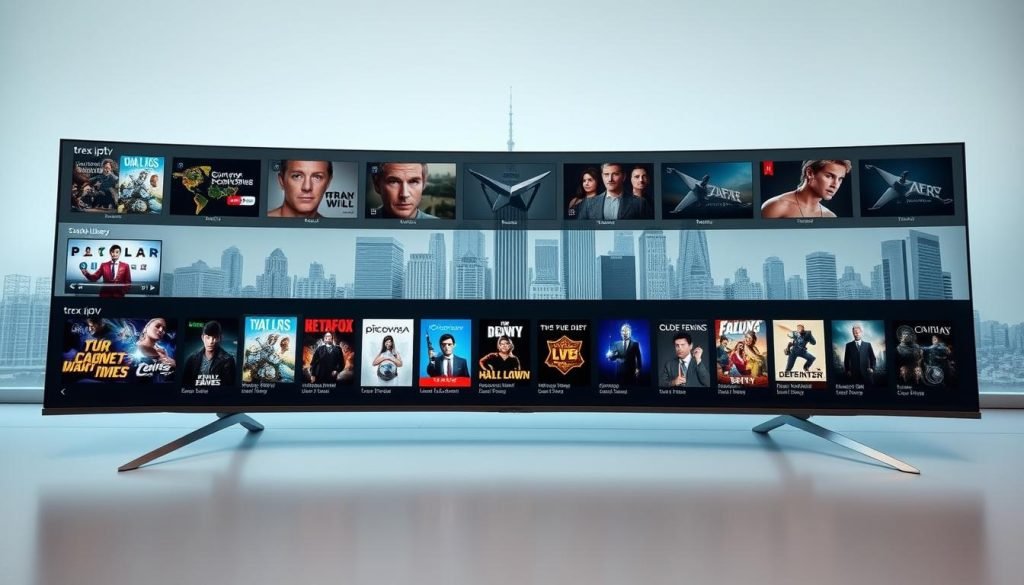 Prompt A modern and sleek content library for trex iptv, showcasing a wide array of streaming options. The foreground features a minimalist user interface with clean lines and intuitive navigation. The middle ground displays thumbnails of various TV shows, movies, and live channels, rendered in vibrant colors and high definition. The background portrays a stylized city skyline, hinting at the global reach and connectivity of the trex iptv platform. The overall scene exudes a sense of technological sophistication, accessibility, and an abundance of entertaining content for discerning streaming fans.