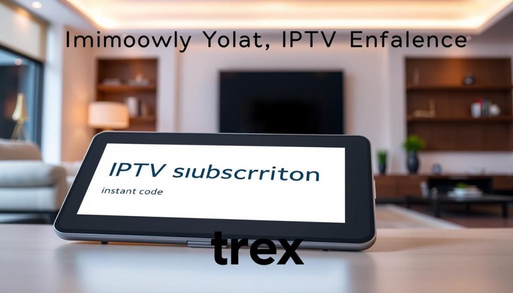 Prompt A vibrant, high-resolution image of a "IPTV subscription instant code" against a backdrop of a modern, minimalist living room setting. The code is prominently displayed on a sleek, minimalist device, such as a tablet or smartphone, casting a soft, warm glow. The room features clean lines, neutral tones, and subtle lighting, creating a calming, inviting atmosphere. In the foreground, the "trex iptv" brand name is subtly integrated into the design, lending an air of professionalism and trustworthiness. The overall composition emphasizes the effortless, instant access to live TV, reflecting the "Improving Your IPTV Experience" theme.