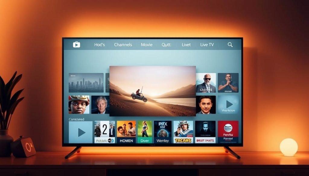 Trex IPTV User Interface: A sleek, modern interface with a clean, minimalist design. In the center, a large video player showcases high-quality streaming content, surrounded by a grid of customizable app icons. The top navigation bar features intuitive controls for browsing channels, movies, and live TV. Soft lighting casts a warm glow, creating a cozy, inviting atmosphere. The layout is well-organized, with clear delineation between sections, making it easy to navigate. The overall aesthetic is sophisticated and professional, reflecting the high-quality experience of the trex iptv platform.