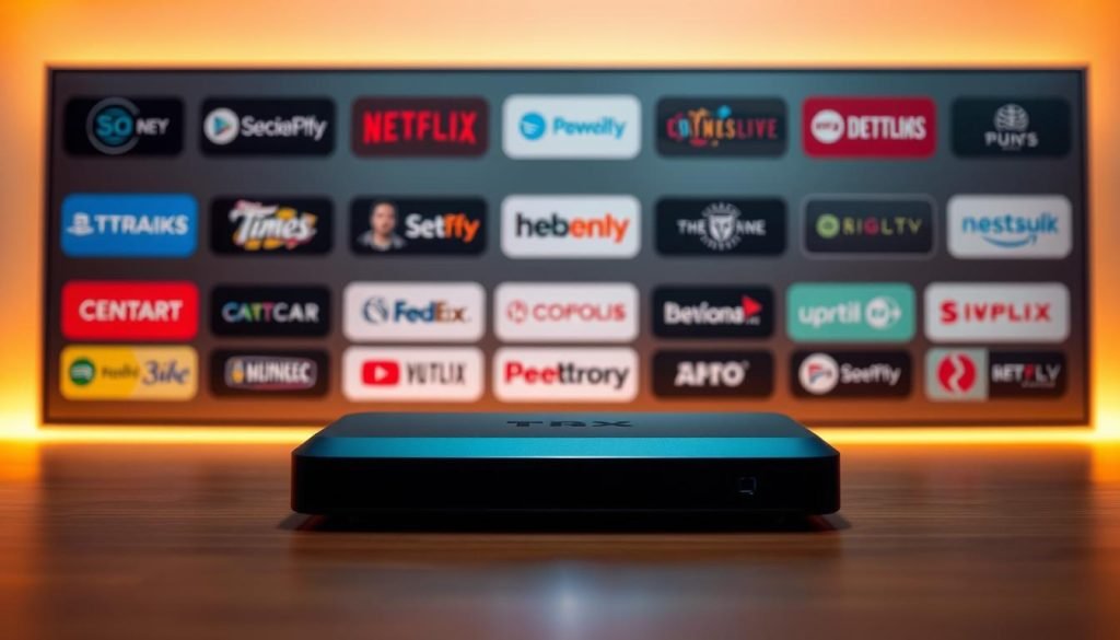 Trex IPTV comparison: a sleek, modern interface showcasing Trex IPTV's features against a minimalist backdrop. In the foreground, an array of streaming service logos, each with distinct visual identities. The middle ground features the Trex IPTV device, its clean lines and premium finish contrasting with the diverse options. In the background, a subtle grid pattern evokes the digital landscape, hinting at the breadth of content available. Warm, directional lighting casts a refined glow, capturing the sophistication and versatility of Trex IPTV as the ultimate streaming solution.