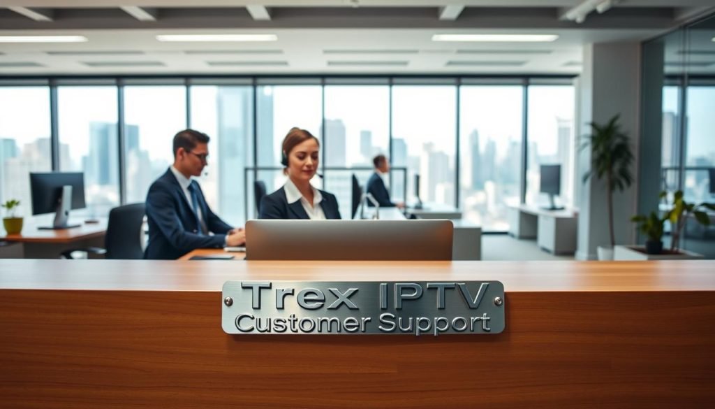 Trex IPTV customer support desk in a modern, minimalist office setting. The foreground features a wooden countertop with a polished metal nameplate displaying "Trex IPTV Customer Support". Behind the desk, a team of friendly and attentive customer service agents sit at their workstations, wearing professional attire and headsets, ready to assist customers. The middle ground showcases a clean, well-lit space with sleek, contemporary furniture and decor, creating a welcoming atmosphere. The background features floor-to-ceiling windows, allowing natural light to flood the room and providing a glimpse of a bustling city skyline outside. The overall mood is one of efficiency, professionalism, and a commitment to customer satisfaction.