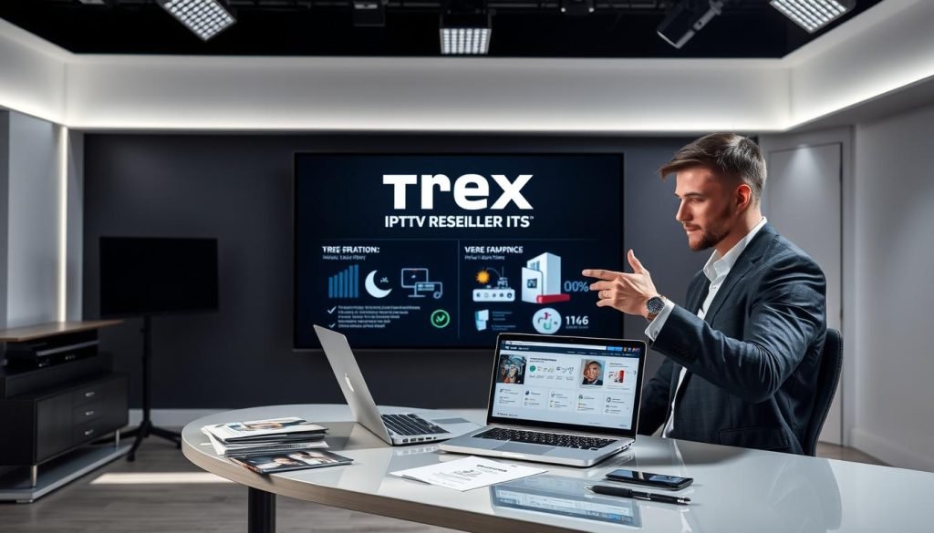 Trex IPTV reseller benefits: a modern, well-lit studio setting with a professional-looking desk, laptop, and marketing materials. In the foreground, a person sitting at the desk, gesturing towards the laptop screen, showcasing the Trex IPTV platform's features and benefits. The middle ground features informative infographics and data visualizations highlighting the reseller program's advantages. The background has a sleek, minimalist design with clean lines and a sense of sophistication, emphasizing the brand's professionalism and reliability. The overall atmosphere conveys a tone of confidence, expertise, and the promise of success for Trex IPTV resellers.